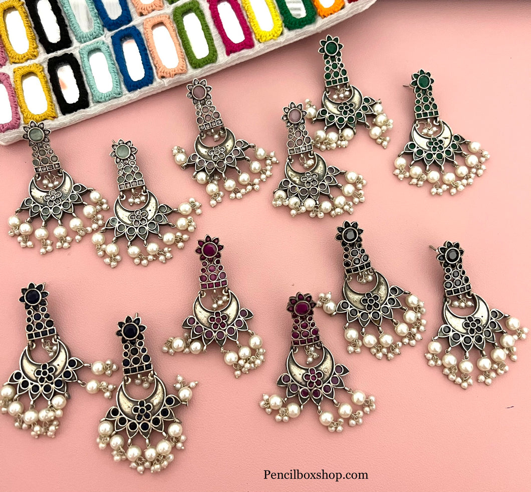 German silver Flower Dangling Glass Stone earrings