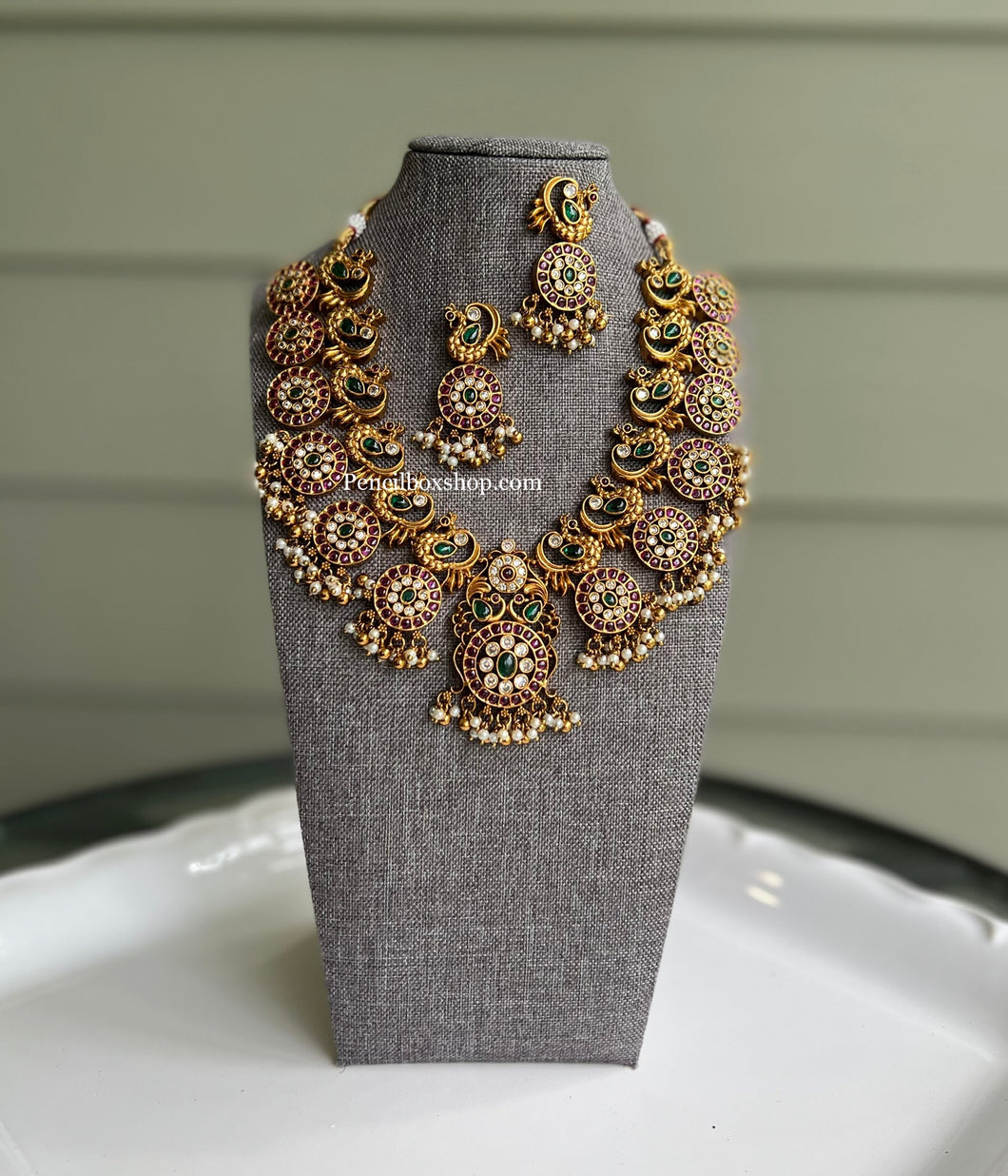 Multicolor Temple Exclusive Peacock Real Kemp stone Necklace Set