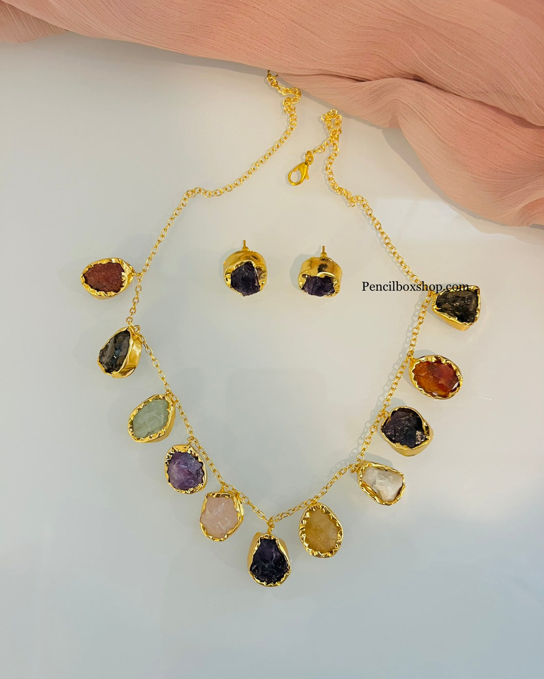 Contemporary Multicolor Natural Stone brass made Necklace Earrings set