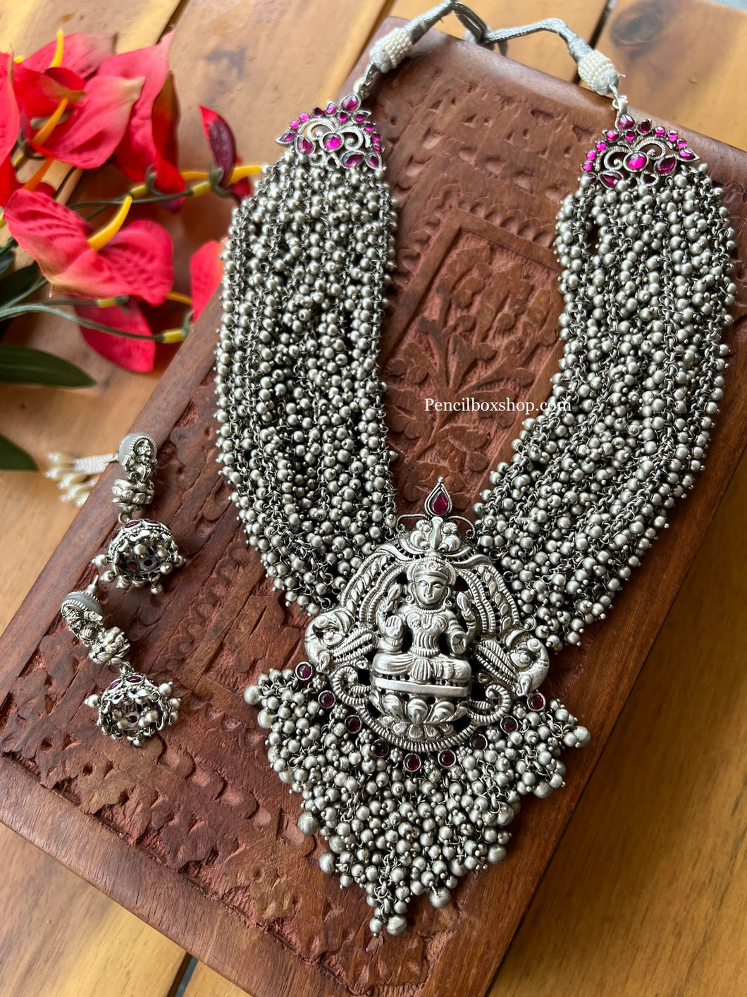 Pre order 92.5 Silver Coated with Real kemp stone Lakshmi ji silver beads necklace set