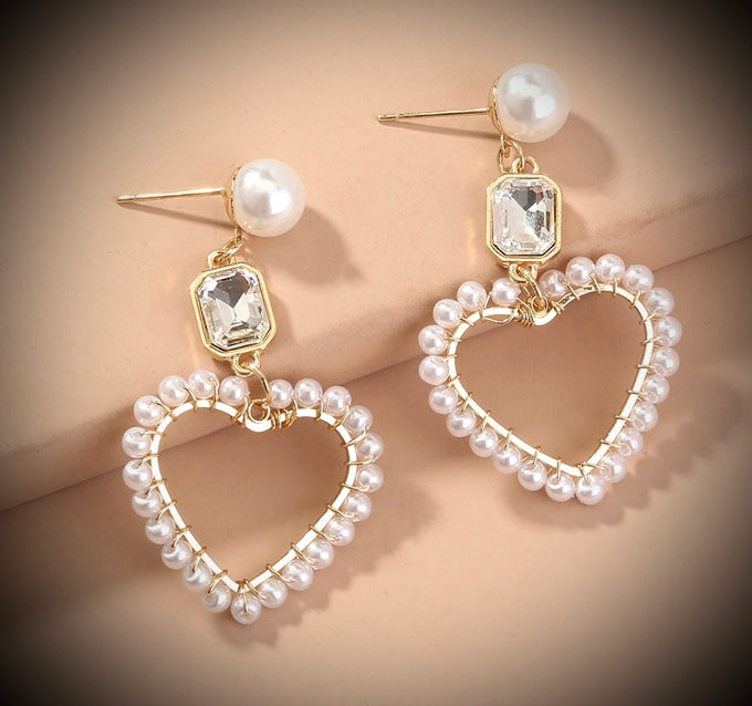 Crystal Heart White pearl Dangling Earrings IDW