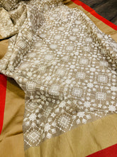 Load image into Gallery viewer, Handloom chikankari work Zari border red golden  Saree
