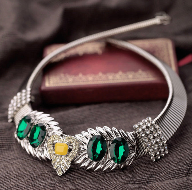 Green Rhinestone Crystal Gemstone chain Necklace IDW
