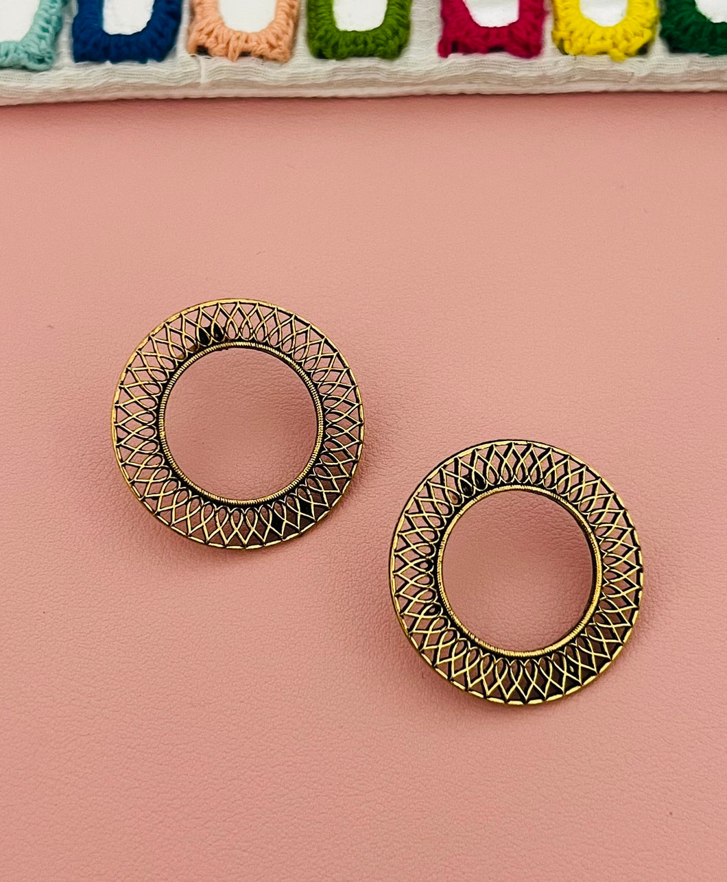 Round circle Stud Golden Oxidised Earrings for women