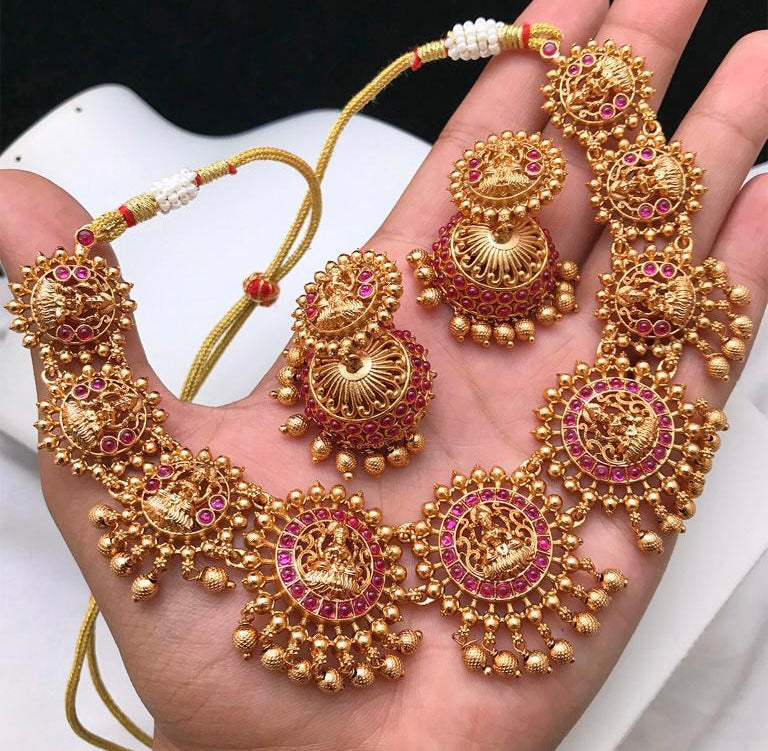 Ruby Lakshmi ji Goddess Statement temple Necklace set with jhumkas