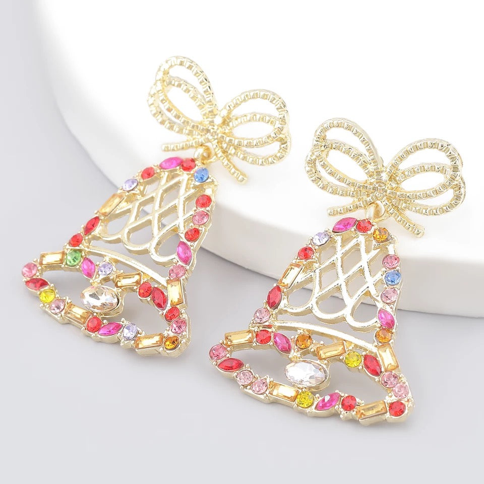 Christmas Bells Gold crystal multicolor Jingle bells Earrings Jewelry IDW