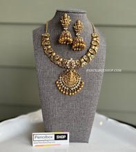 Load image into Gallery viewer, Lakshmi ji peacock multicolor Real Kemp Stone Golden beads Temple Necklace Jewelry
