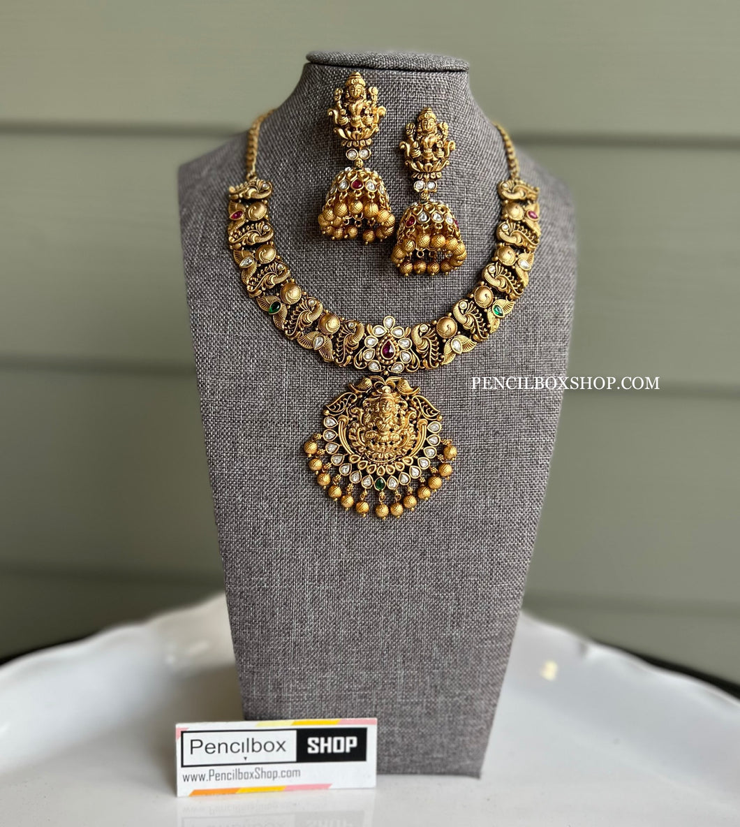 Lakshmi ji peacock multicolor Real Kemp Stone Golden beads Temple Necklace Jewelry