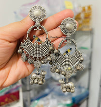 Load image into Gallery viewer, German Silver peacock Nandi Ghungroo pearl Drop Drop Earrings

