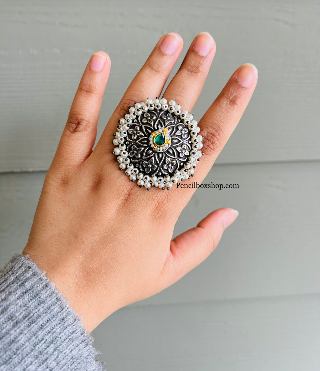 German Silver Pachi kundan Green Adjustable Ring