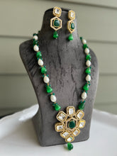 Load image into Gallery viewer, Uncut  Kundan  Silver Foiled Green Long mala Necklace set
