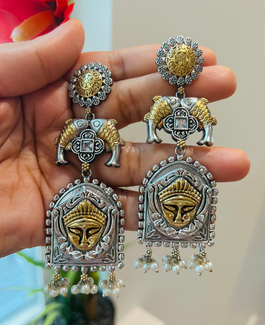 Long German Silver Durga Fish hanging Drop Earrings
