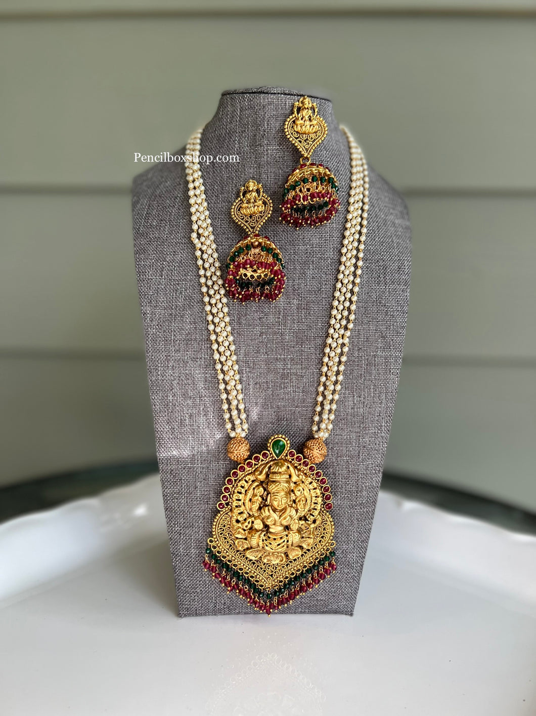 Multicolor Lakshmi ji Pearl mala Beads Necklace set with jhumkas