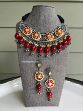 Load image into Gallery viewer, 92.5 Silver Coated German silver pachi Kundan Ruby Stone necklace set
