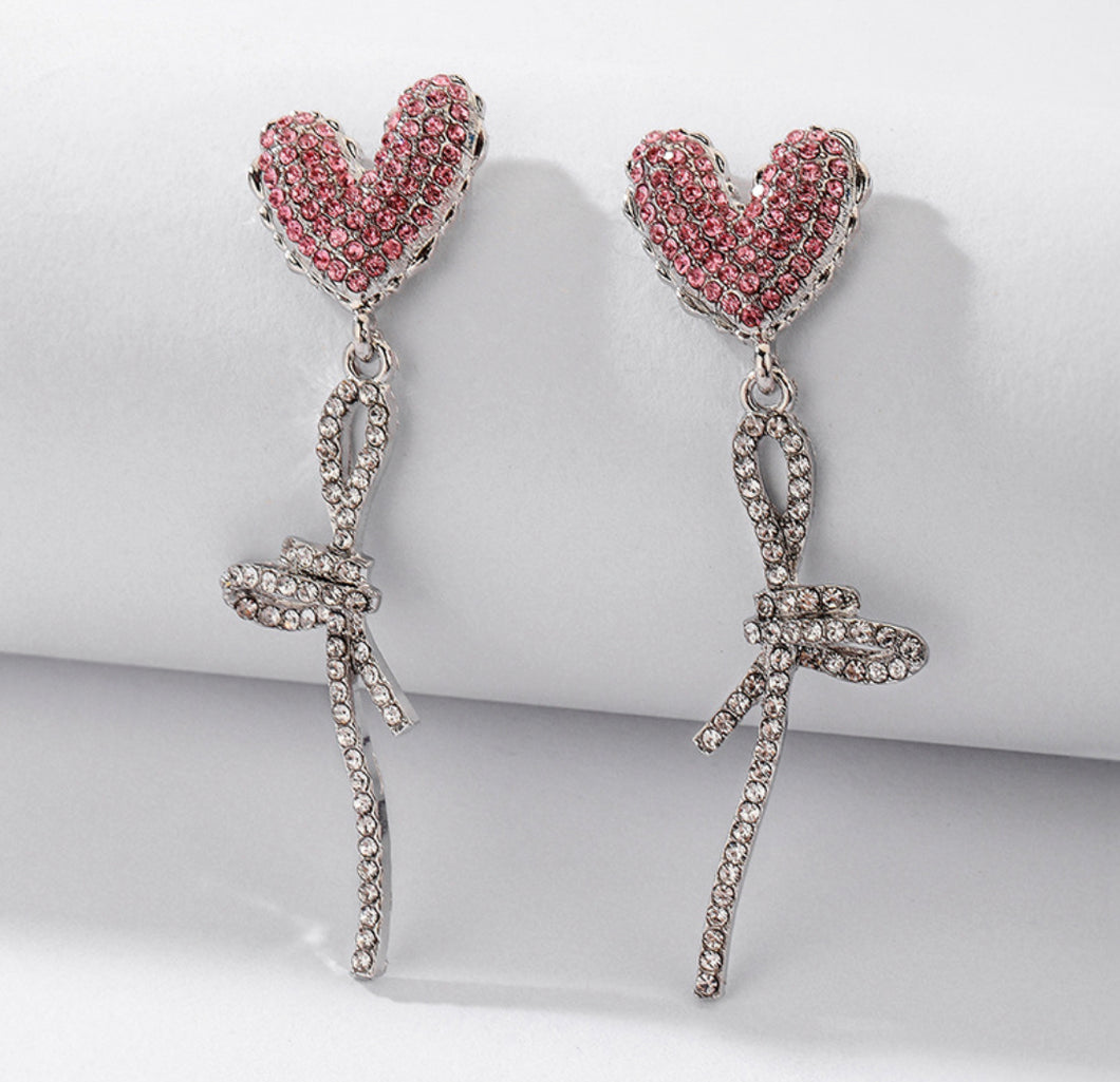 Pink Silver Valentine Heart Dangling Earrings IDW