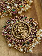 Load image into Gallery viewer, Long Guttapusalu Haram Silver Replica Real Kemp Stone Multicolor cz kemp Stone Necklace set temple jewelry
