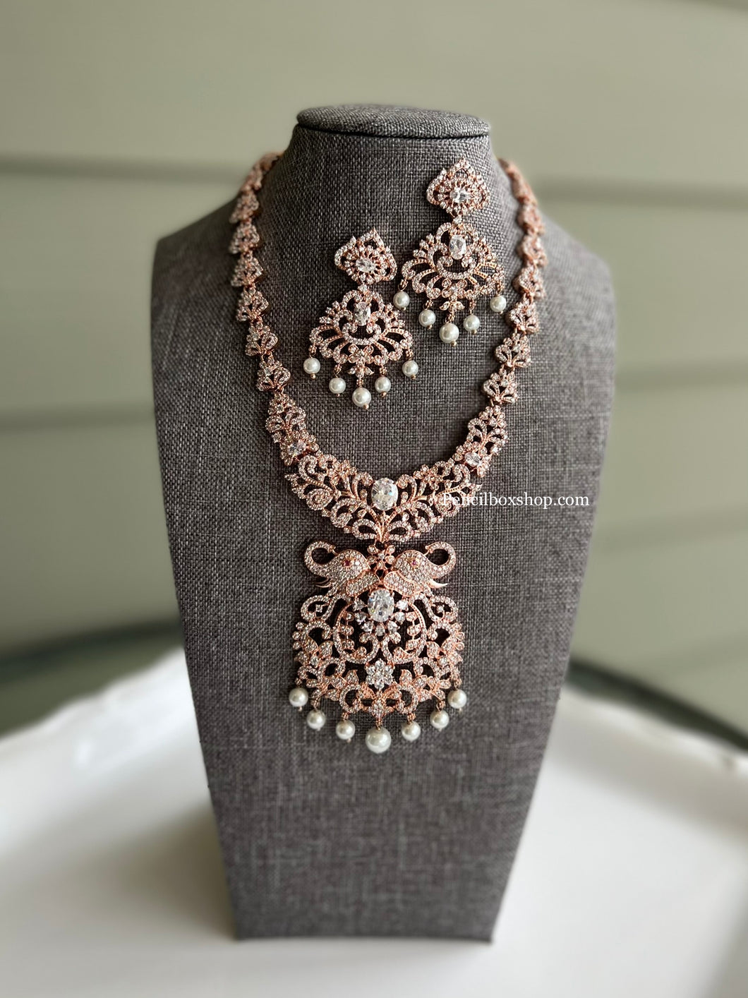 American Diamond Rose Gold Pearl Long Cz Elephant Necklace set