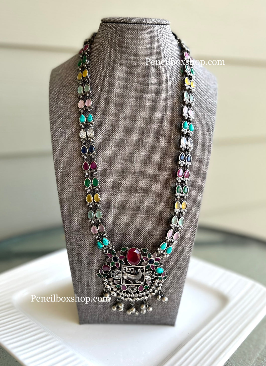 Multicolor German Silver long necklace Glass stone