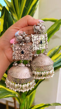 Load image into Gallery viewer, 92.5 silver Coated Peacock Three layered Glass Stone pearl Ghunghroo Jhumka Earrings

