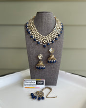 Load image into Gallery viewer, Blue Mirror Statement Glass Drops Necklace set with maangtikka
