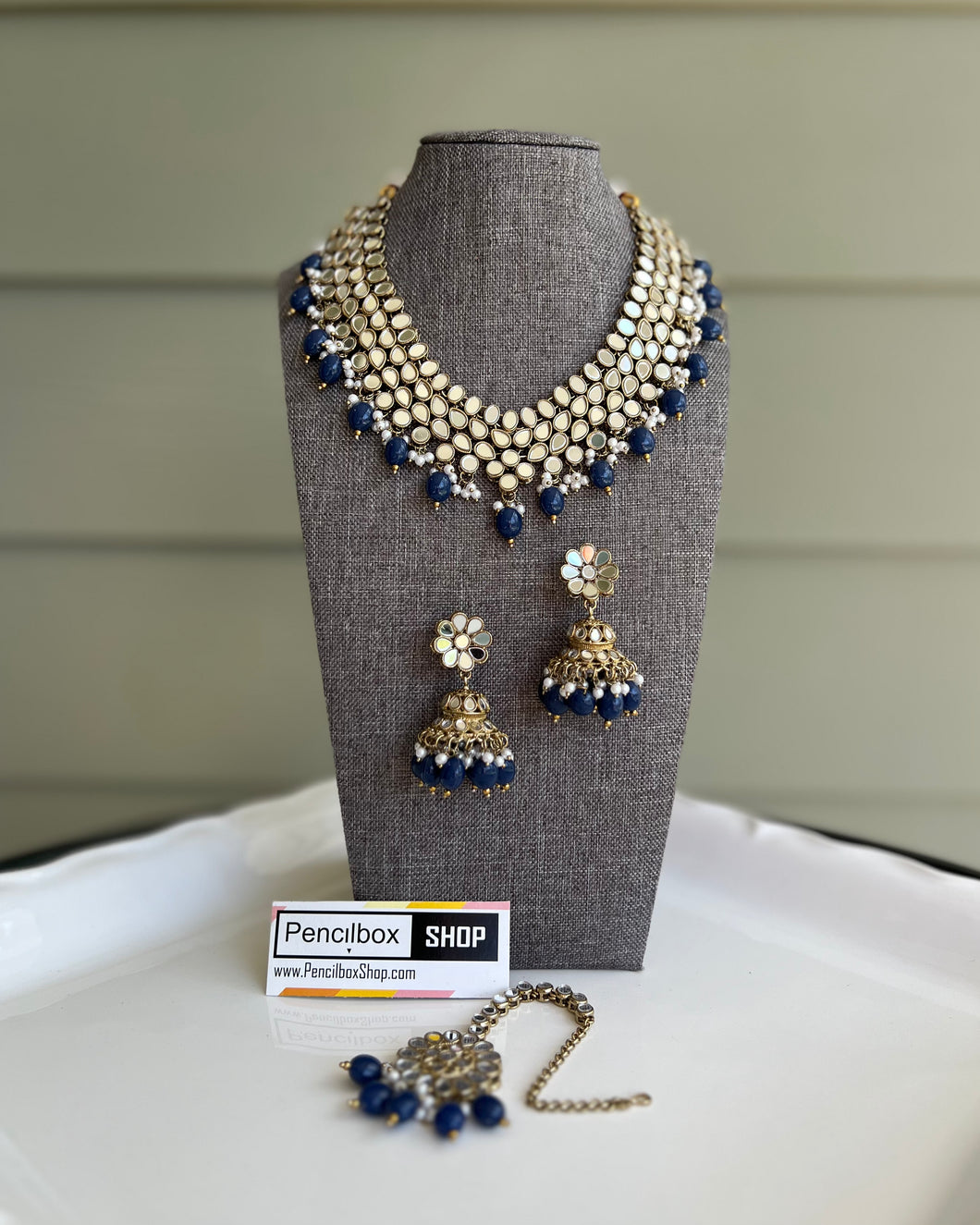 Blue Mirror Statement Glass Drops Necklace set with maangtikka