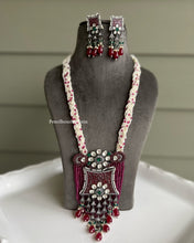 Load image into Gallery viewer, Victorian American Diamond Long Ruby Premium Statement Necklace set
