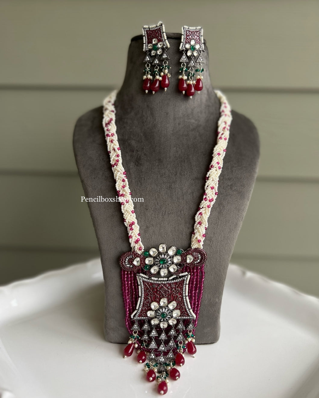 Victorian American Diamond Long Ruby Premium Statement Necklace set