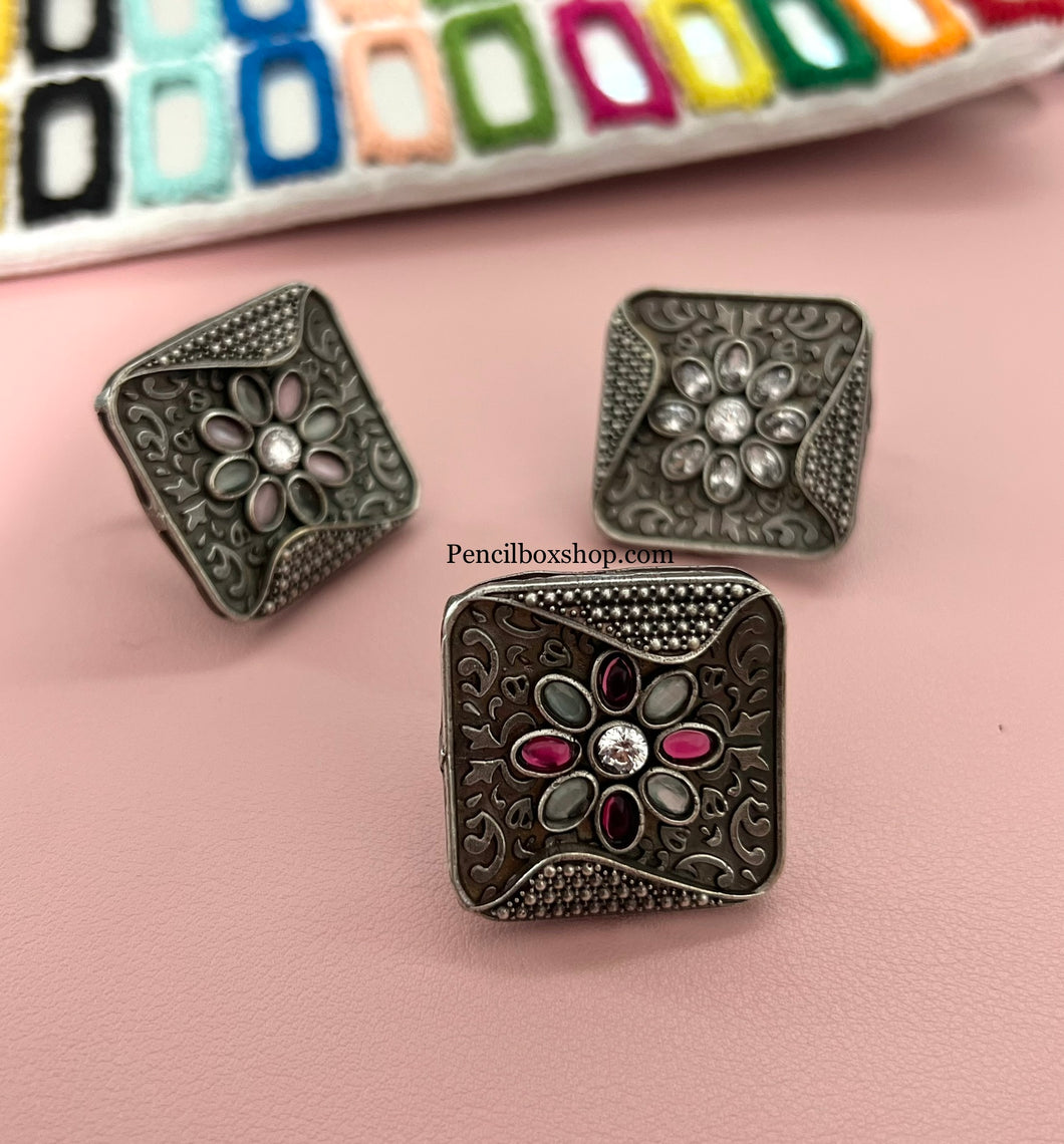 Square curved German silver lookalike Adjustable Glass stone Tanvi rings