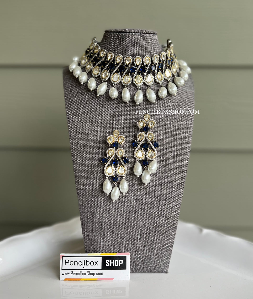 Statement American diamond Premium Blue pearl  Choker necklace set