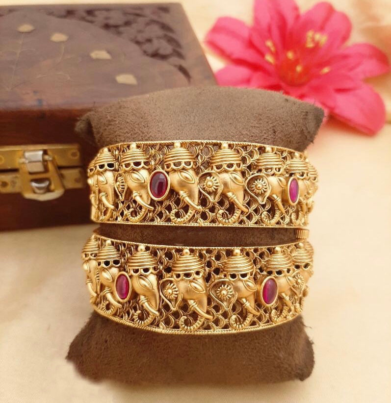 Ganesha ruby stone Openable temple Pair of bangle with ruby Flower openable bangle set for women