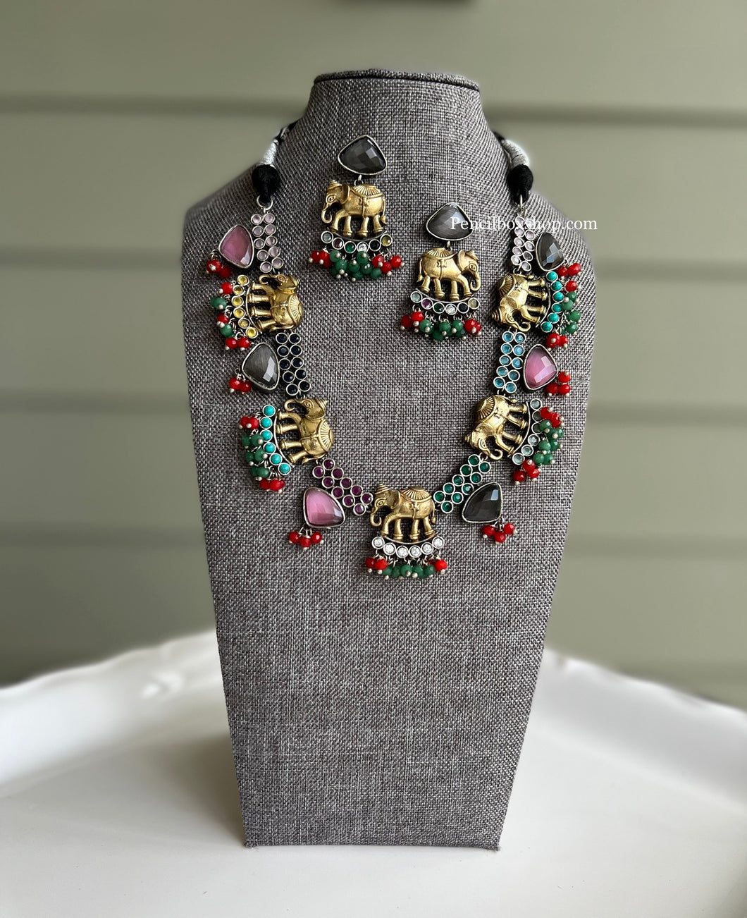 Dual Tone Elephant German silver Lookalike Multicolor beads hasli Necklace set