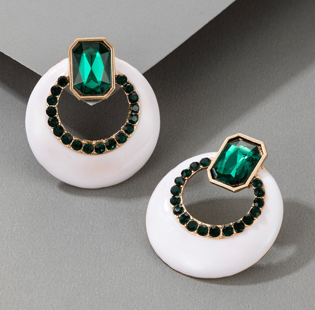 White Acrylic dark Green Stone Stud earrings IDW