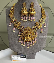 Load image into Gallery viewer, Lakshmi ji Pink Ruby Beads Real kemp stone  Statement  Designer Necklace set
