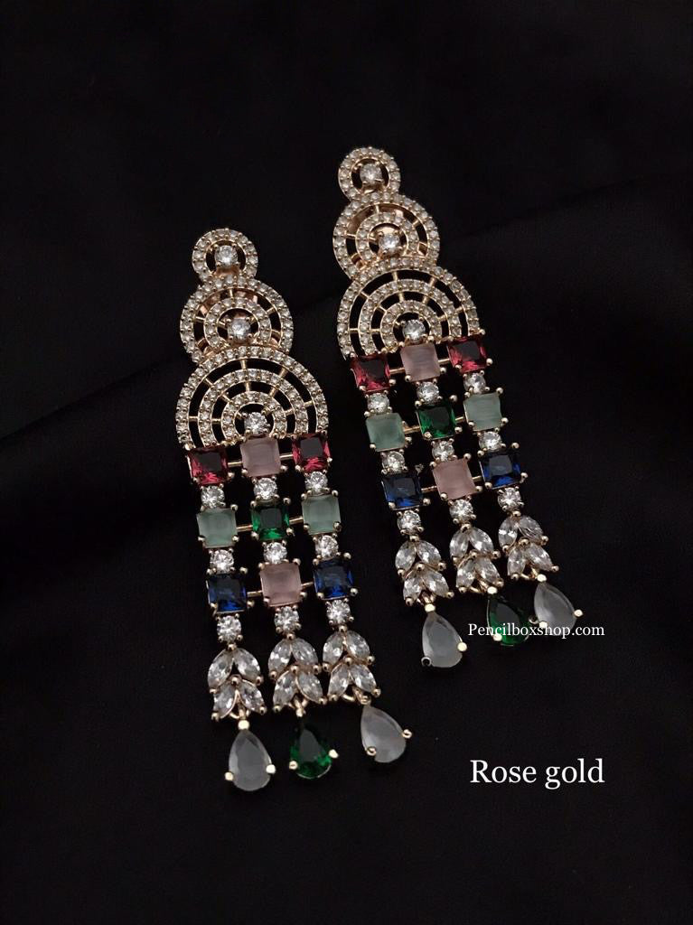 Multicolor Dangling Cz American Diamond Rose Gold polish Earrings