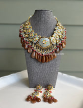 Load image into Gallery viewer, Enamel Paint Designer Brown kundan Hanging Natural Stone Necklace set
