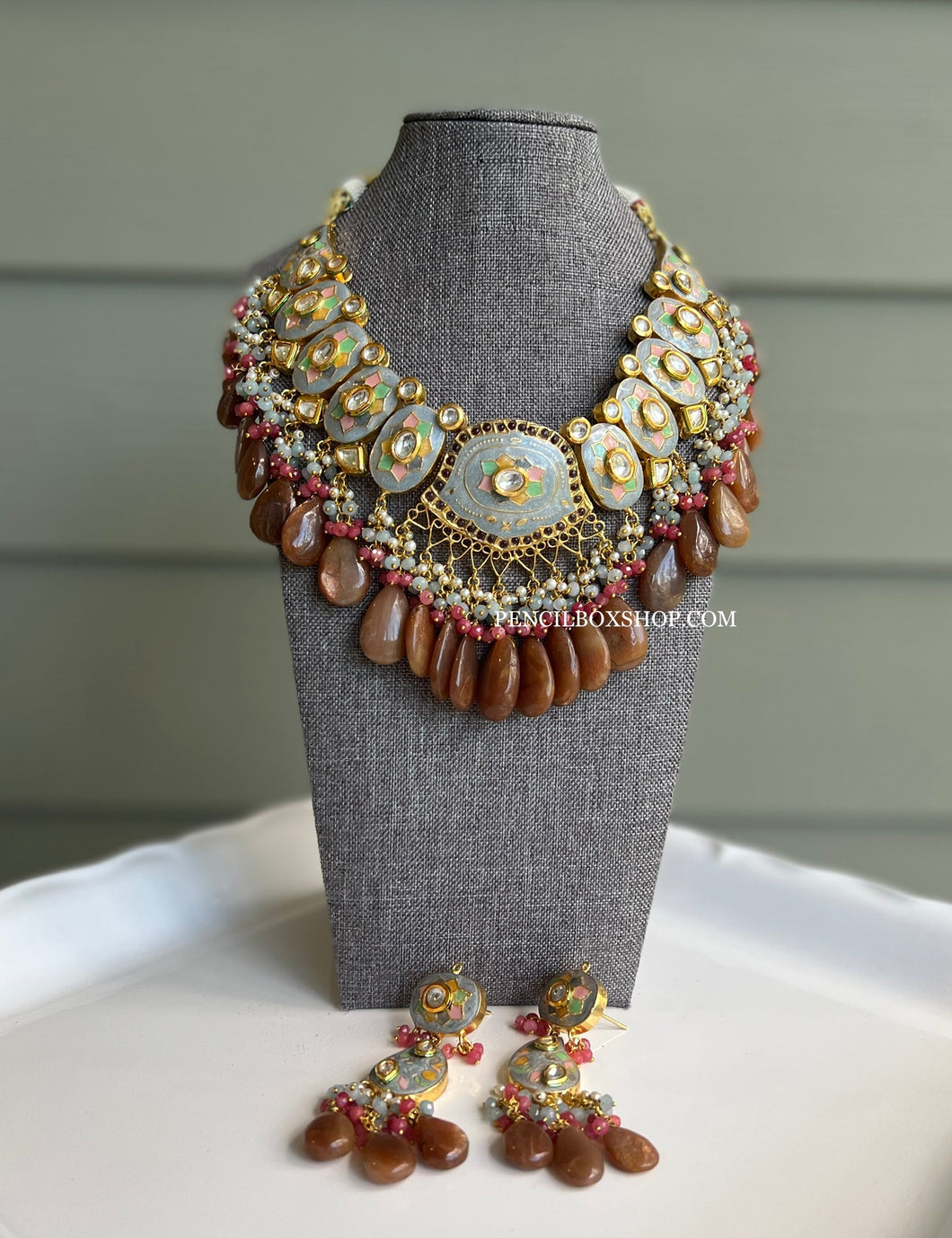 Enamel Paint Designer Brown kundan Hanging Natural Stone Necklace set