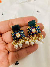 Load image into Gallery viewer, Square shape pearl hanging Meenakari stone earrings
