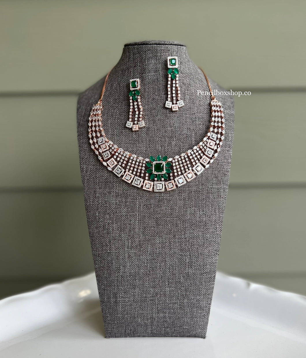 Emerald  Green Gold Silver Dual Tone American Diamond Designer  Necklace set