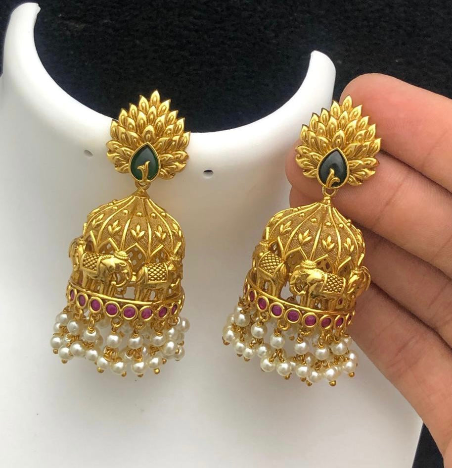 Gold matte finish Elephant Multicolor Jhumka earrings