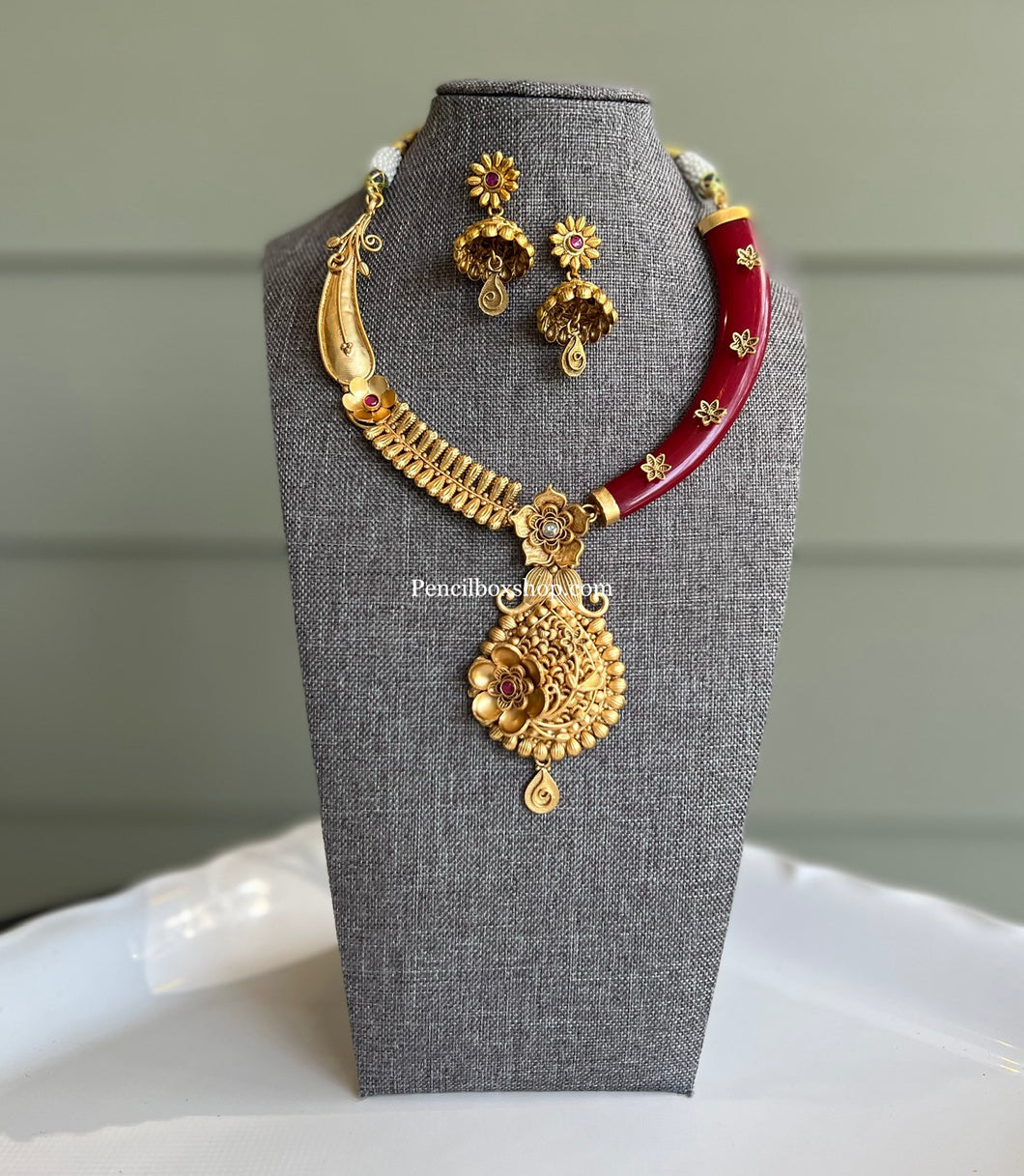 Half N half Designer Kundan  Brass Made ruby Golden Necklace set