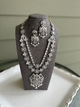 Load image into Gallery viewer, Ruby stone American Diamond Silver Pearl Long Cz Peacock Necklace set
