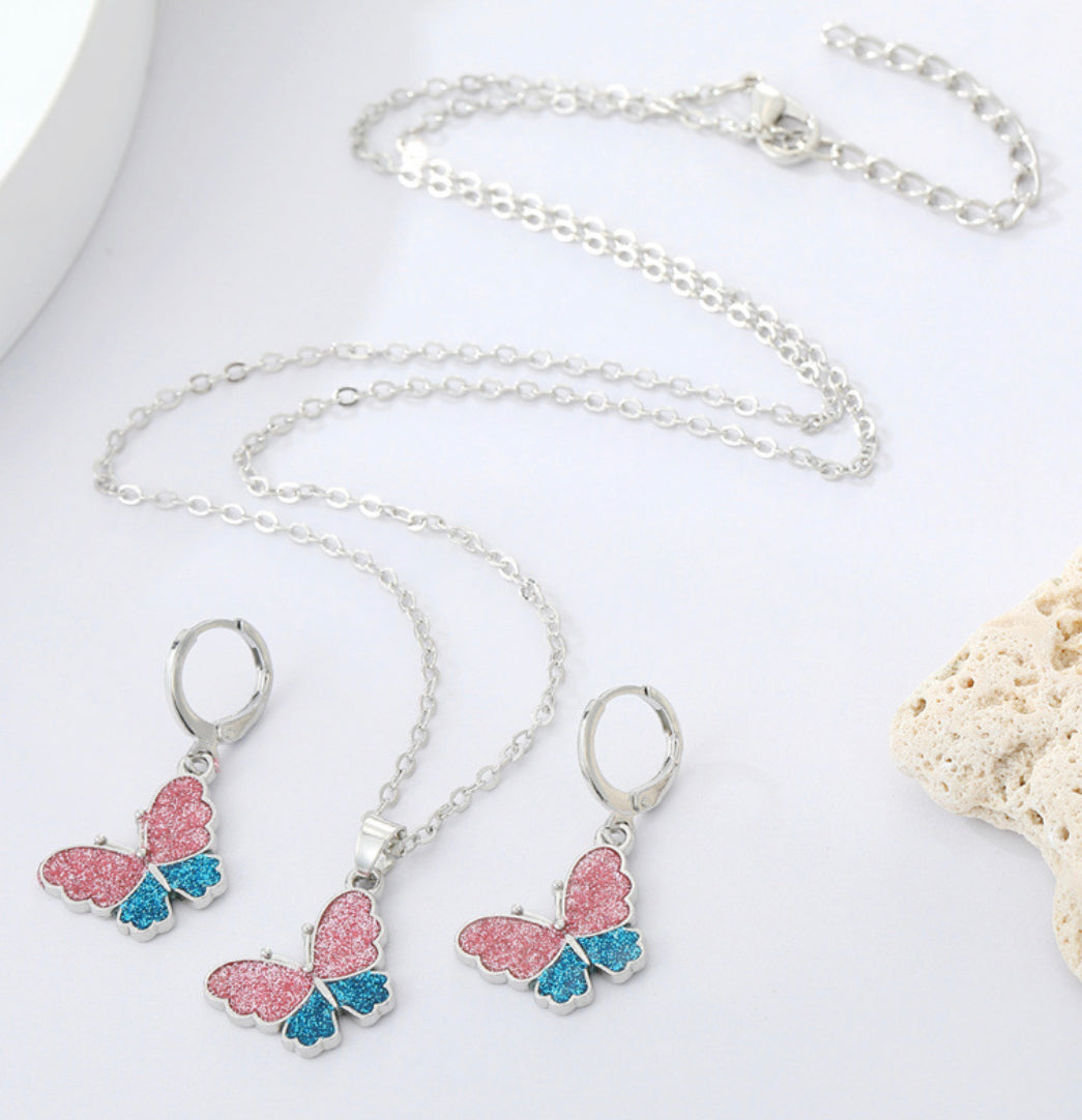 Combo set Pink Blue Glitter Cute Butterfly Shaded Necklace set IDW