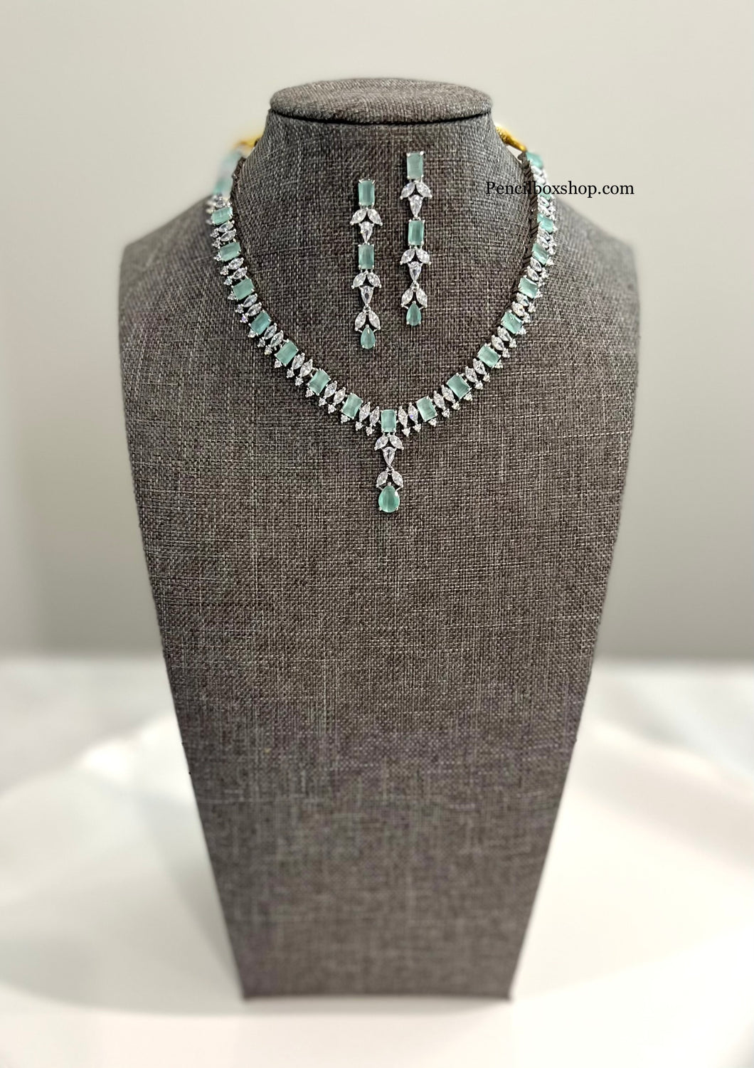American Diamond Mint White Simple Single neckline necklace set
