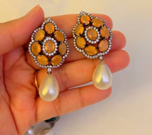 Load image into Gallery viewer, American Diamond Flower Premium Quality Pearl Drop Stud earrings
