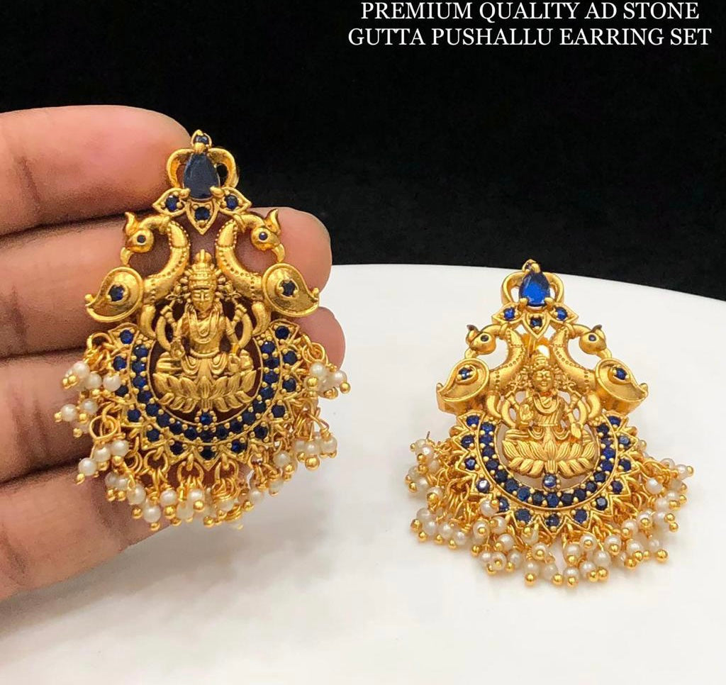 Blue Peacock Lakshmi ji Temple Gold Finish Stone Glass Stone jhumka cz earrings
