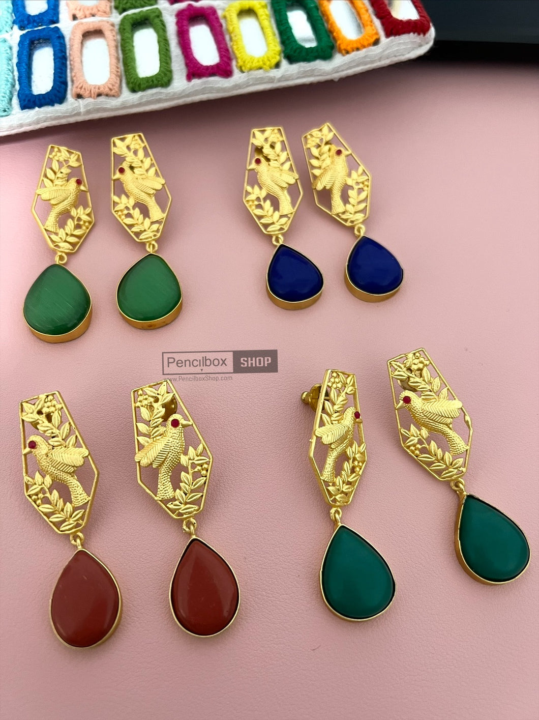 Bird Golden matte finish Natural Stone Earrings with pearl border