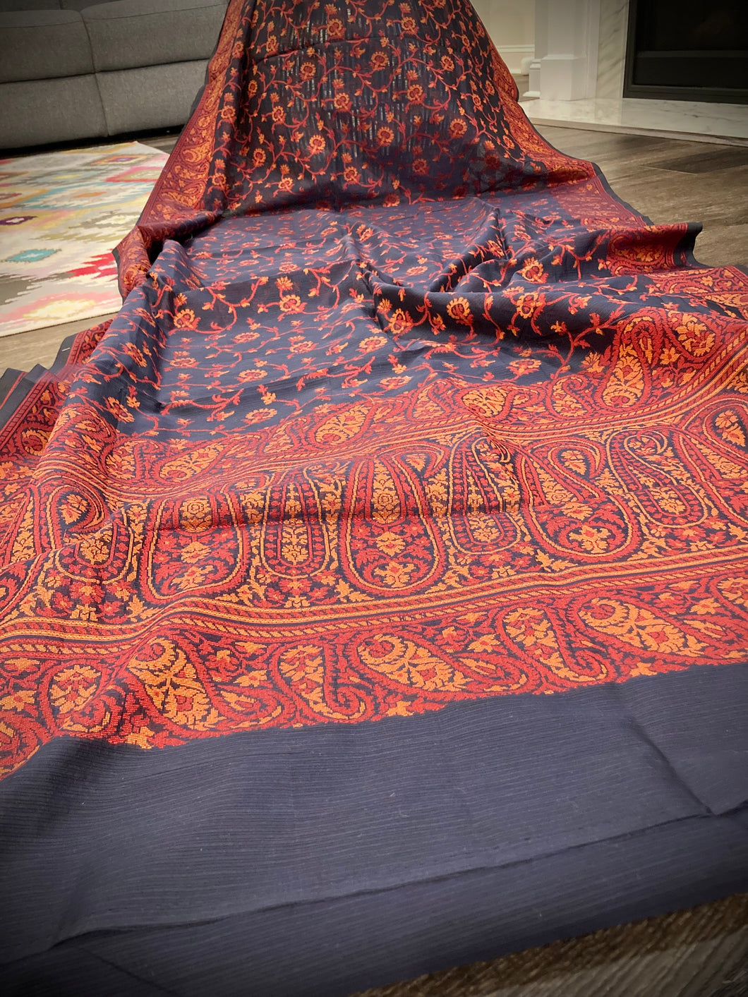 Silk Handloom weaving  work Zari border red blue   Saree
