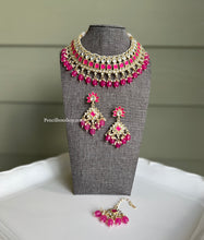 Load image into Gallery viewer, Hot Pink Kundan Tassel Hanging Necklace set with maangtikka
