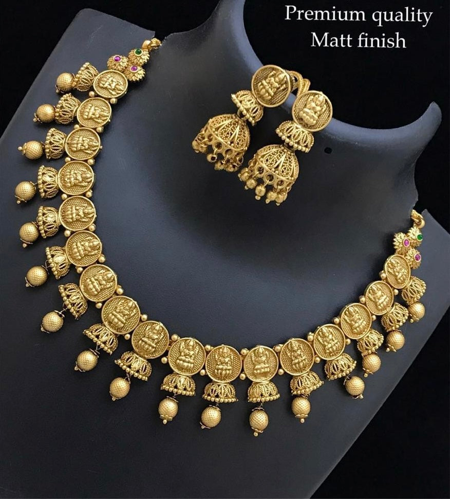 Lakshmi ji Matte finish hanging golden drops Necklace set  temple jewelry