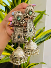 Load image into Gallery viewer, 92.5 silver Coated Three layered Glass Stone pearl Ghunghroo Jhumka Earrings
